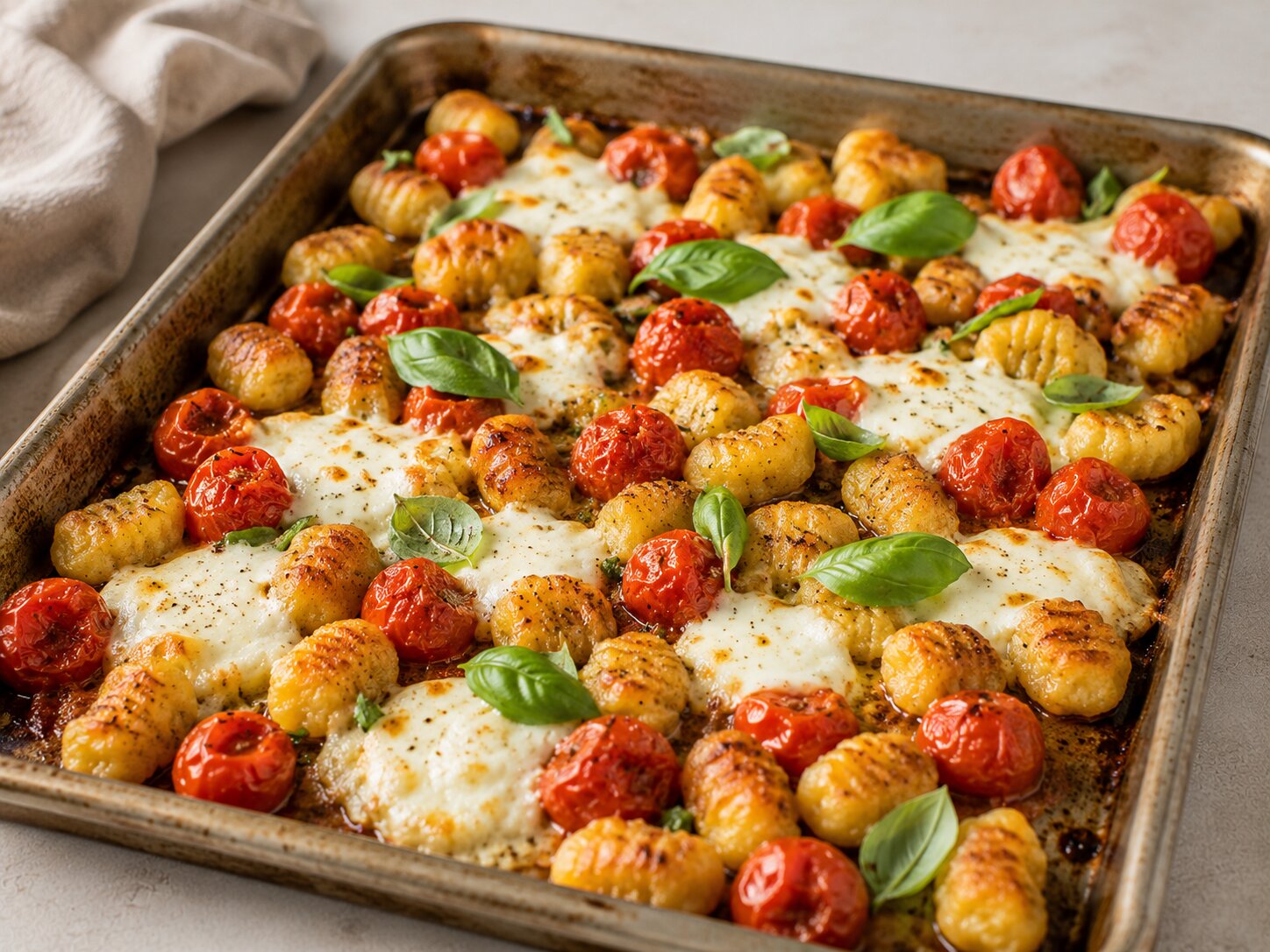 Plaattray met geroosterde gnocchi, cherrytomaten, courgette en mozzarella